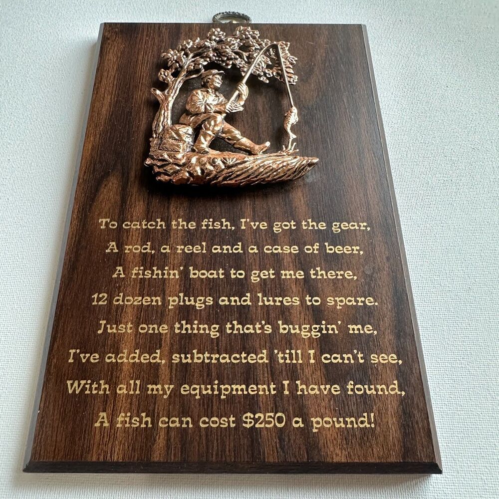 VTG 3D‎ Sculpture Metal Fisherman Wooden Wall Plaque Canada Made (8.5x5.5 in)